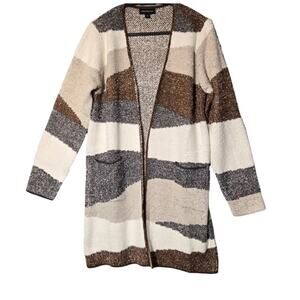 FORTUNE‎ + IVY LONG OPEN FRONT SOFT CARDIGAN BROWN MULTI STRIPED POCKETS L NWOT